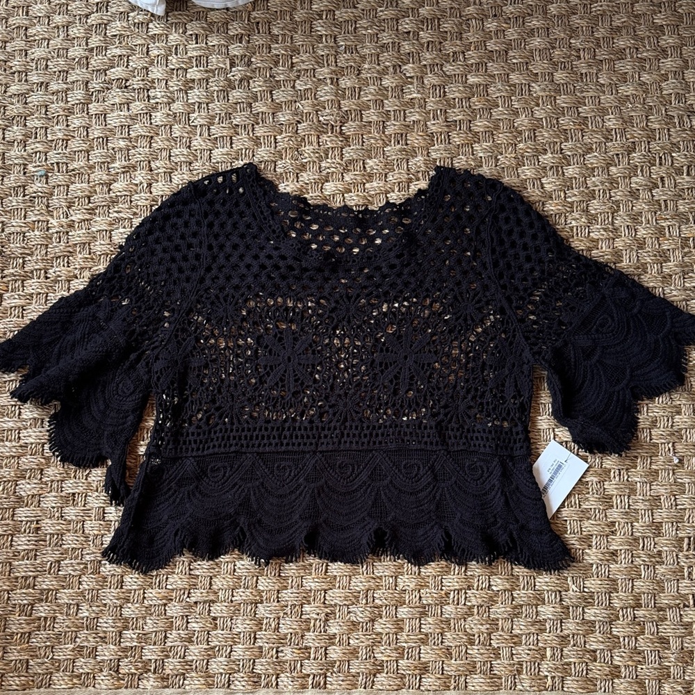 NWT Elegant Black Crochet lace  Women's Top with bell sleeves